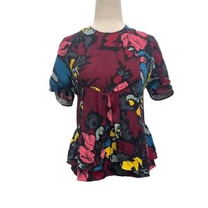 Kenzo Defile Short Sleeve Peplum Maroon Top Size X-Small